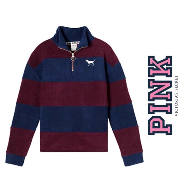 PINK Victoria's Secret Tops - PINK Victoria’s Secret Maroon & Navy Striped 1/4 Zip Polar Fleece Pullover-6031